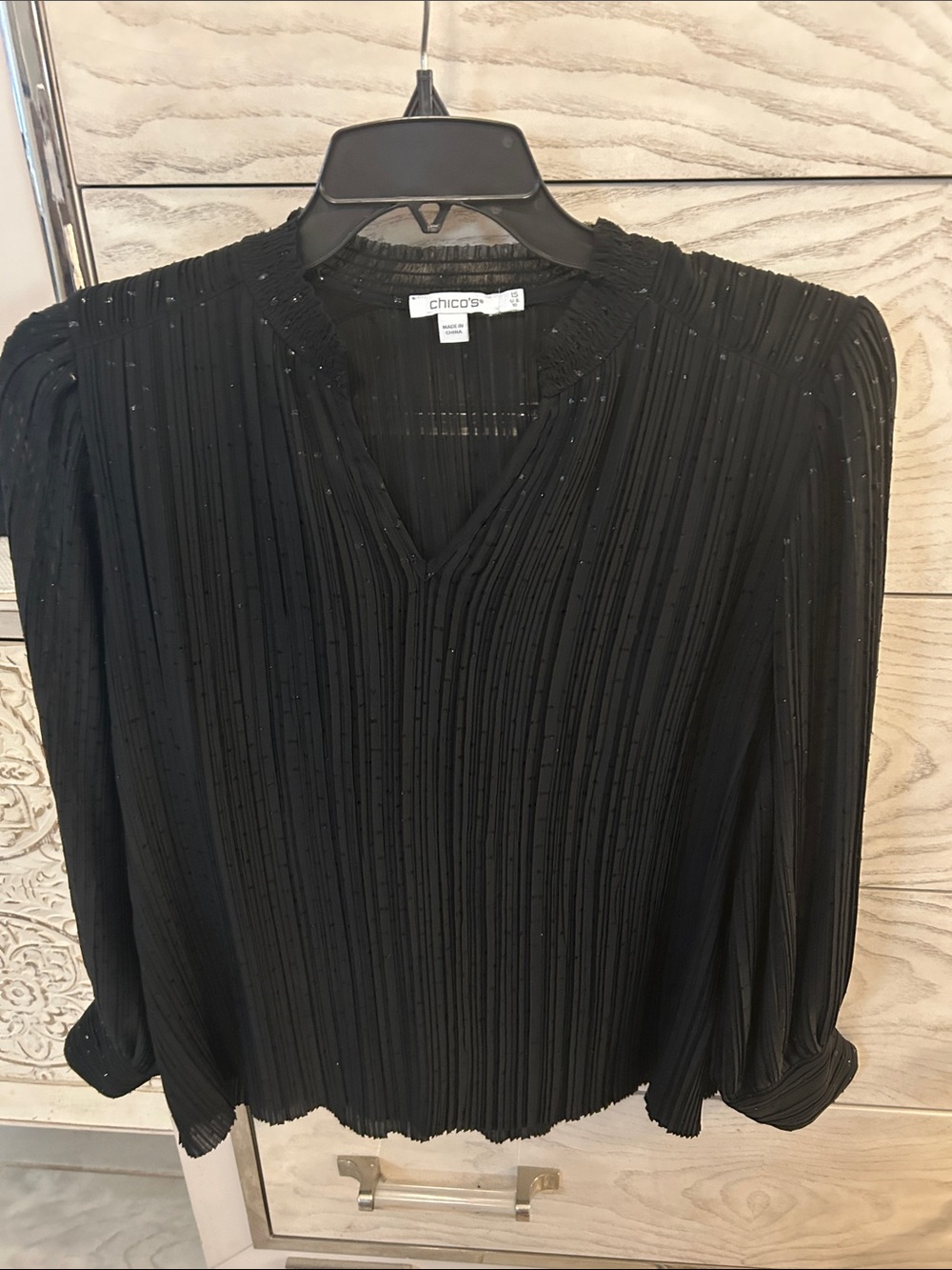 Chico's Black Pleated V-Neck Long-Sleeve Blouse